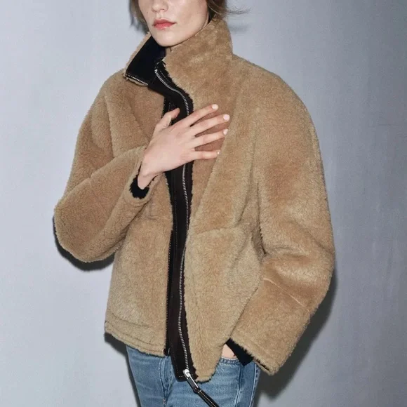NWT Zara | ZW COLLECTION FAUX SHEARLING DOUBLE-FACED Tan Teddy Jacket for Women - Picture 7 of 17
